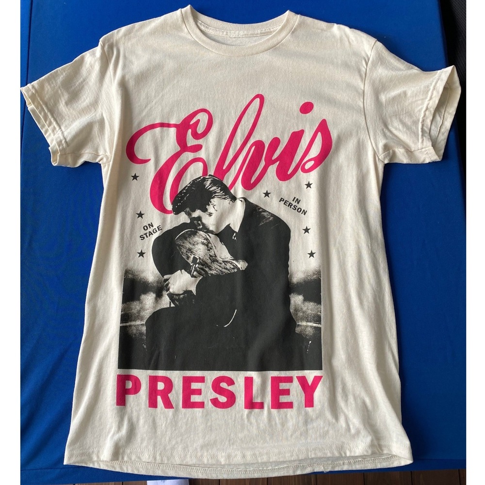 Elvis Presley Graphic Tee Cream Pink Black On Stage In Person Mens Medium